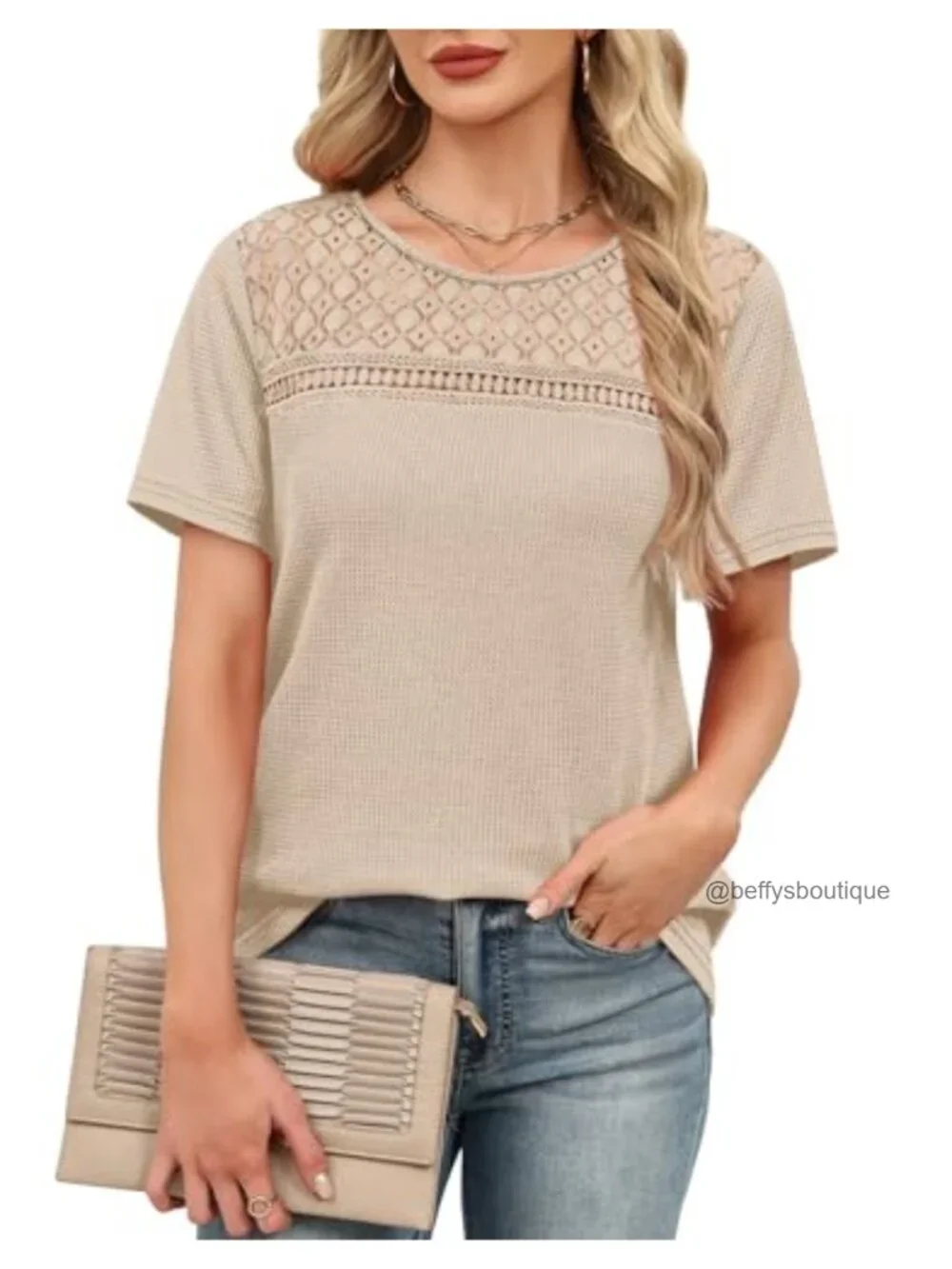 Boho Crochet Lace Waffle Knit Short Sleeve Top Blouse